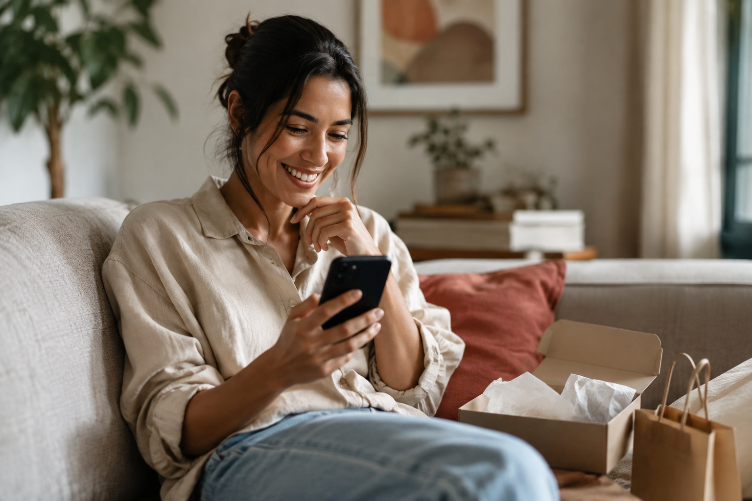 A woman smiling at her phone on a sofa beside an opened parcel