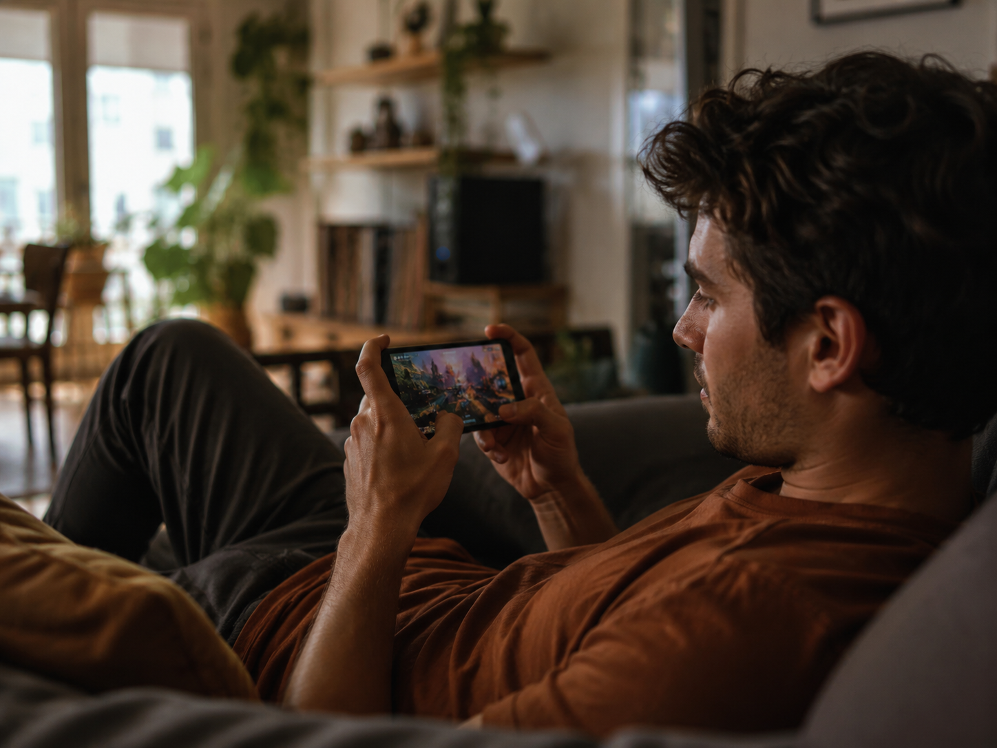 A man playing a game on his phone while lying on a sofa