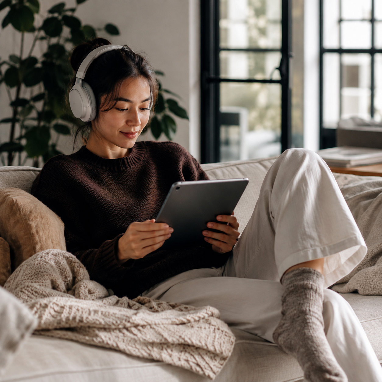 A woman with headphones watching something on a tablet at home