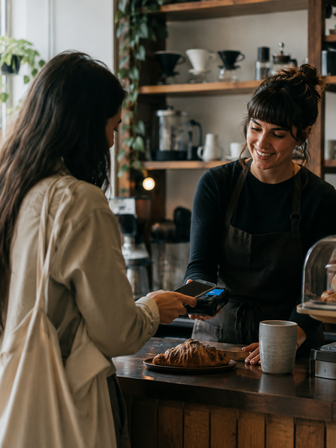 A customer paying by phone at a café counter